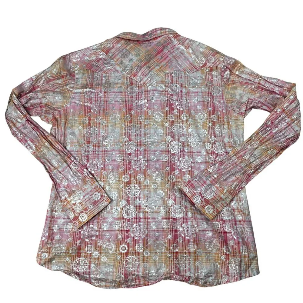 Wrangler Womens Medium Pink/Orange Plaid Long Sleeve Western Shirt With Silver F - Picture 3 of 8